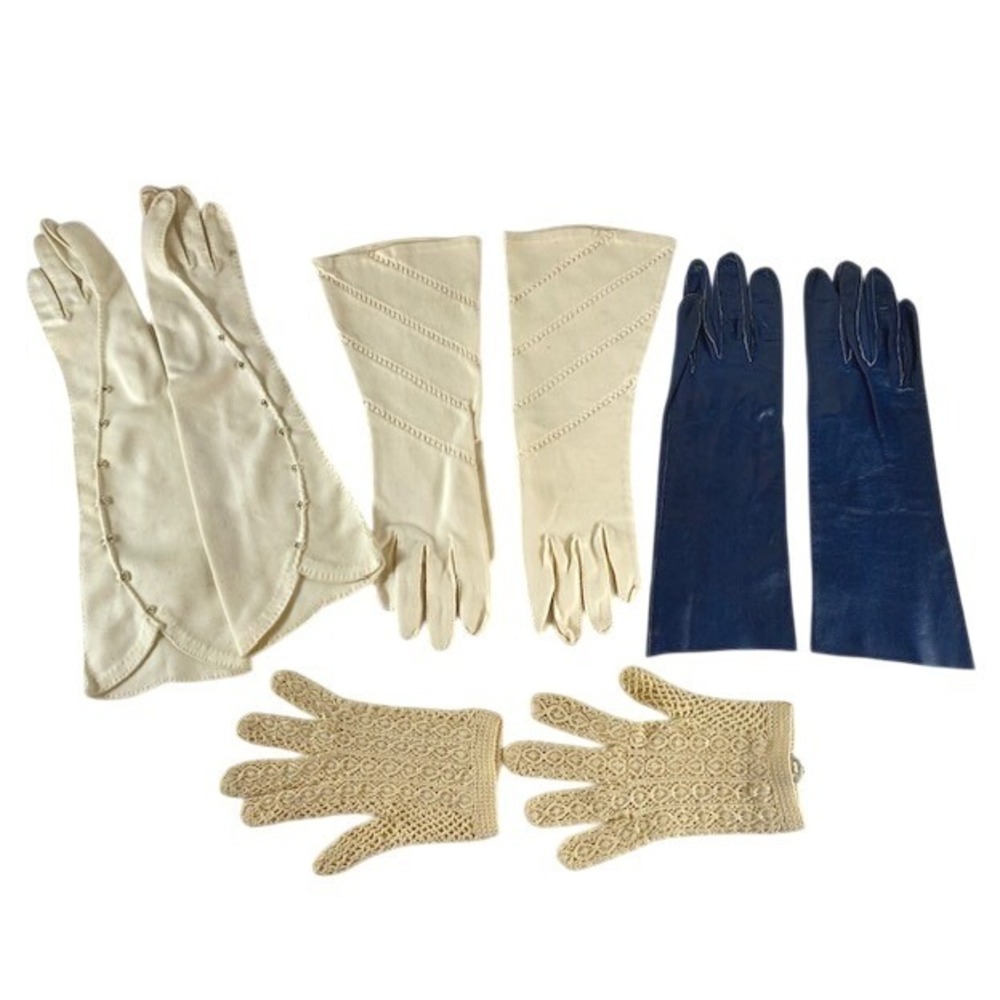 4 Pair Vtg Evening Gloves XXS Rhinestone Leather Ivory Crochet Raw Silk (Read)